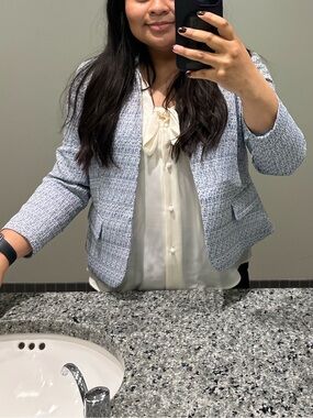 Kasper Light Blue Tweed Open-Front Blazer